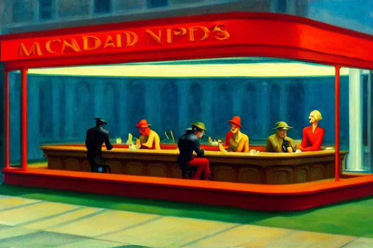 Prompt: Edward Hopper's Nighthawks but it's a McDonald's