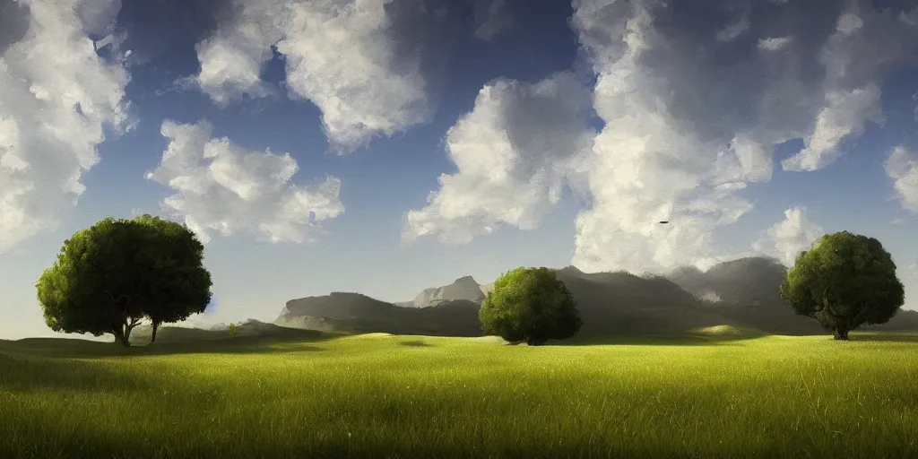 Prompt: Landscape, green meadow, blue sky, white cloud, Metaphysical painting, intricate, cinematic lighting, highly detailed, digital painting, artstation, concept art, smooth, sharp focus, illustration, hyper realism, high detail, octane render, 8k, iridescent accents, art by Giorgio de Chirico