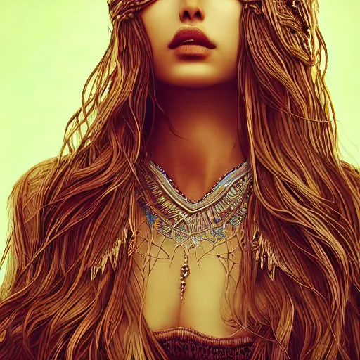 Image similar to portait nawal al zoghbi sensual, centred, very long hair, hd, hyperdetailed illustration by irakli nadar, intricate linework, bright colors, octopath traveler, final fantasy, unreal engine 5 highly rendered, global illumination, radiant light