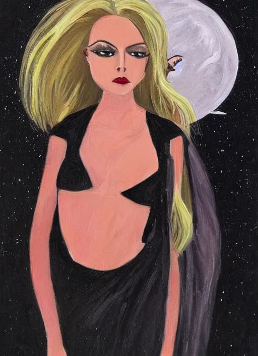 Prompt: portrait of beautiful blonde woman as a Dark evil witch, big moon in the background, oil painting by very good artist