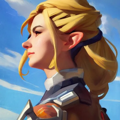 Image similar to greg manchess portrait painting of zelda as overwatch character, medium shot, asymmetrical, profile picture, organic painting, sunny day, matte painting, bold shapes, hard edges, street art, trending on artstation, by huang guangjian and gil elvgren and sachin teng