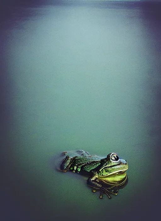 Image similar to “semitranslucent smiling frog amphibian vertically hovering over misty lake waters in Jesus Christ pose, low angle, long cinematic shot by Andrei Tarkovsky, paranormal, eerie, mystical”