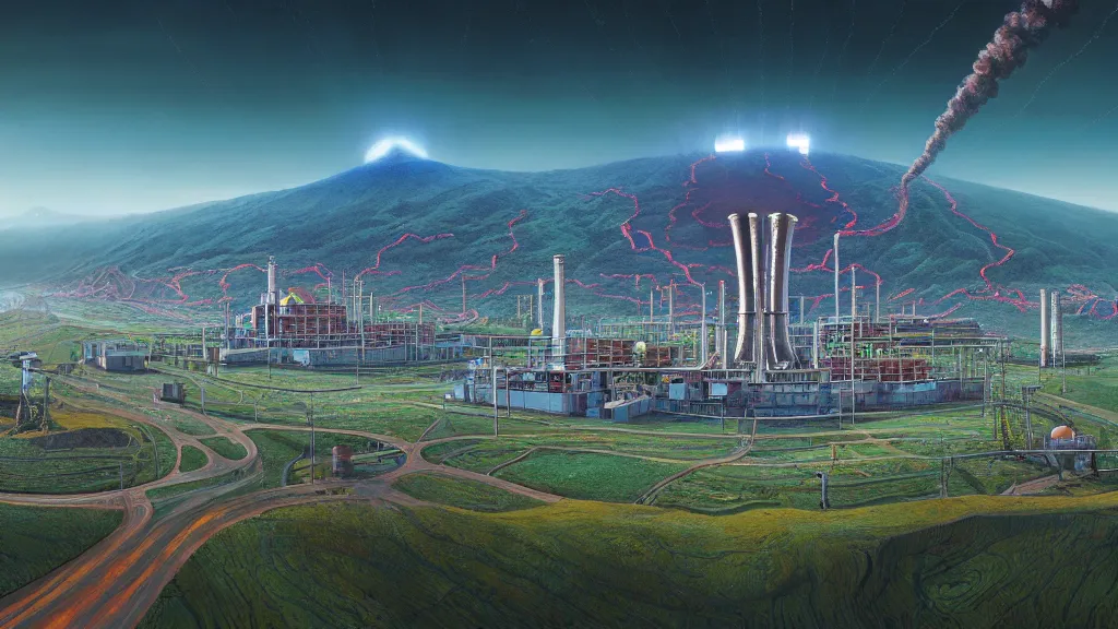 Image similar to Nuclear Breeder Reactors integrated with the town of Quito by Simon Stålenhag and Vincent Callebaut, oil on canvas; Art Direction by Adam Adamowicz; 4K, 8K; Ultra-Realistic Depth Shading