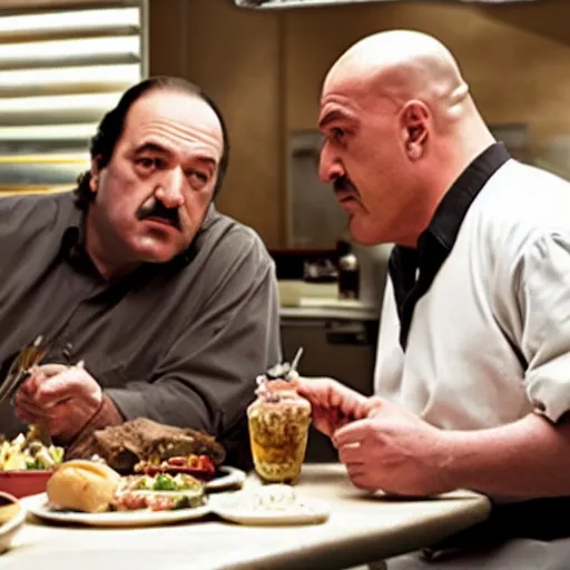 Image similar to tony soprano and walter white eating at a diner together, photorealistic, alone in the diner, hyperrealistic, 8 k, ultra hd, true to life