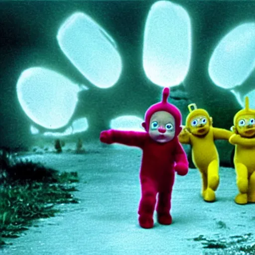 Image similar to movie still of Teletubbies as a horror movie