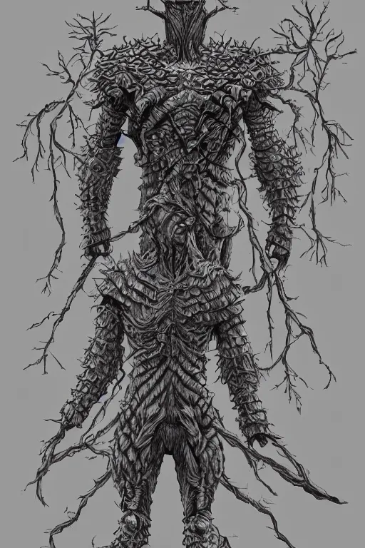 Image similar to armoured tree human figure monster, symmetrical, highly detailed, digital art, tree armour, sharp focus, trending on art station, kentaro miura manga art style