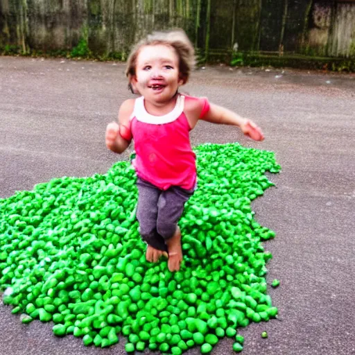 Image similar to a child with a runny nose and sauerkraut arms running over peas