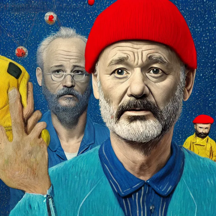 Image similar to portrait of bill murray as steve zissou, painting in the style of Wes Anderson. intricate artwork. by Van Gogh. octane render, trending on artstation, greg rutkowski very coherent symmetrical artwork. cinematic, high detail, octane render, 8k, iridescent accents