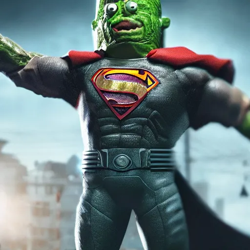 Image similar to pickle rick as superman! in gears of war, splash art, movie still, detailed face, photorealistic facial features, cinematic lighting, dramatic, octane render, long lens, shallow depth of field, bokeh, anamorphic lens flare, 8 k, hyper detailed, 3 5 mm film grain