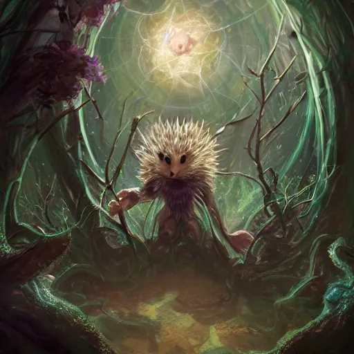 Image similar to Hedgehog magus, Tzeentch, portrait, nature, fairy, forest background, magic the gathering artwork, D&D, fantasy, cinematic lighting, centered, symmetrical, highly detailed, digital painting, artstation, concept art, smooth, sharp focus, illustration, volumetric lighting, epic Composition, 8k, art by Akihiko Yoshida and Greg Rutkowski and Craig Mullins, oil painting, cgsociety