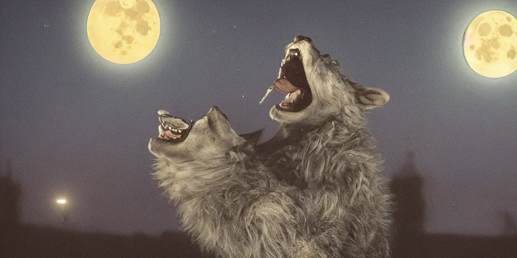Image similar to a werewolf shouting at the moon in london, at night