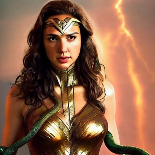 Image similar to Full body photo of the beautiful woman Gal Gadot as Medusa the greek goddess, she has those characteristic snakes coming out of her head, she is looking straight to the camera, she has a glow coming from her, she is getting illuminated for rays of light, behind her is a scary atmosphere, the photo was taking by Annie Leibovitz, matte painting, oil painting, naturalism, 4k, 8k