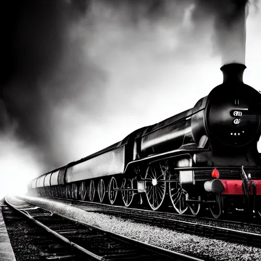 Prompt: a hyperdetailed black and white photograph of the flying scotsman on the rails producing lots of black smoke in an old timey city, night, dense fog, rain, hd, 8 k, cinematic, volumetric lighting