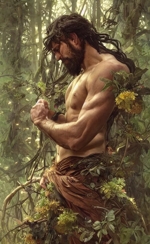 Image similar to god of the forest, 3 0 years old, rugged, handsome, male, detailed face, clean lines, atmospheric lighting, amazing, full body, thighs, flowers, muscular, intricate, highly detailed, digital painting, deviantart, concept art, sharp focus, illustration, art by greg rutkowski and alphonse mucha