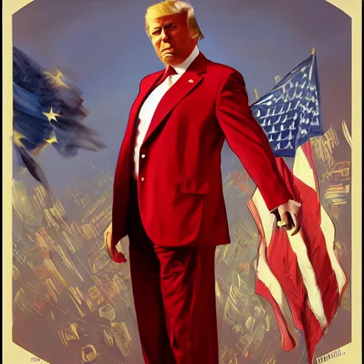 Prompt: donald trump as a communist, saluting, red suit, art by artgerm, greg rutkowski, alphonse mucha, studio portrait, highly detailed, digital art, elegant, intricate, concept art, trending on artstation