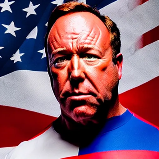 Image similar to UHD candid photo of Alex Jones dressed as a cosmic superhero, wearing red white and blue, accurate face, UHD, photorealistic, correct face, photo by Annie Leibowitz