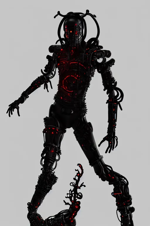 Prompt: full-body cyberpunk style sculpture of a young handsome dark god of battle, half android with a head opening exposing circuitry, glowing red eyes, black roses, flowing blood-red colored silk, fabric, candles. baroque elements, genetically augmented cyborg male. full-length view. baroque element. intricate artwork by caravaggio. Trending on artstation, octane render, cinematic lighting from the right, very very very very long curly blond hair, hyper realism, octane render, 8k, depth of field, 3D