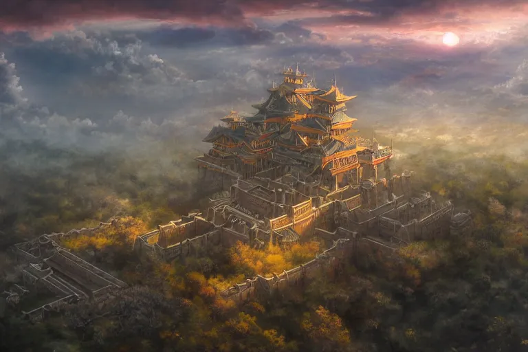 Image similar to fantasy painting, aerial view of an ancient land, sunset and ominous shadows over the kingdom, brutalist shiro himeji rivendell palace eden by jessica rossier and ( ( ( ( brian froud ) ) ) )