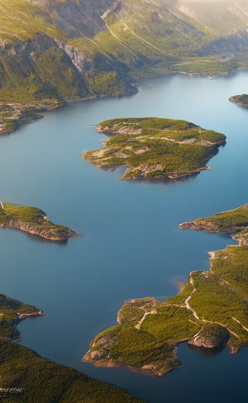 Image similar to nordic fjord, summer morning light, aerial view, beautiful landscape, cinematic light, soft illumination, cinematic composition, wide - angle, atmospheric, oil painting, trending on artstation