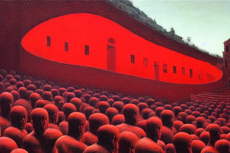 Image similar to only with red, a red great emperor, taormina amphitheatre, expressive crowd hails him, in the style of beksinski, parts by edward hopper, parts by rodcenko, parts by yue minjun, intricate and epic composition, red by caravaggio, insanely quality, highly detailed, masterpiece, red light, artstation, 4 k