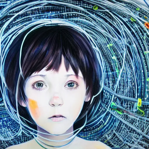 Image similar to beautiful pure evil lain with hundreds of wires coming out of her head, she is in pure bliss, portrait, painting