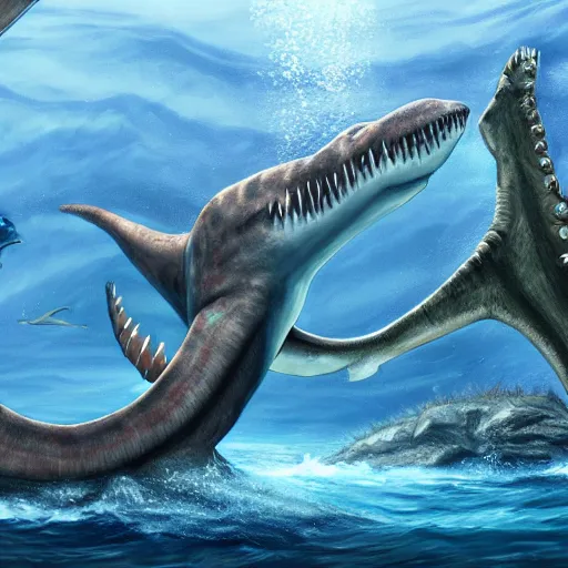 Image similar to Underwater scene of a Kronosaurus attacking a Megaladon, realistic, trending on artstation, concept art, digital painting, detailed, 4k