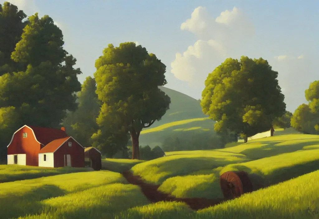 Image similar to a landscape painting of an old farm house in the countryside, summer, painting by kenton nelson, early morning light, puffy couds