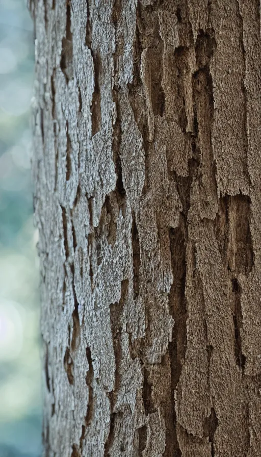 Image similar to rough tree interpolating from opaque bark to perfectly clear silica aerogel, precisely-cut vaseline vellum translucent transition, depth of field, bokeh, luminance through foggy window strata