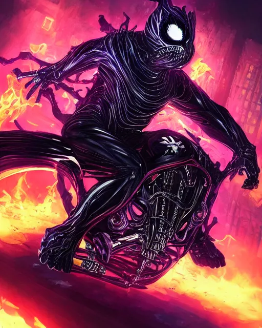 Image similar to ghost rider symbiote, purple and red variant, dynamic lighting, fantasy concept art, trending on art station, stunning visuals, creative, cinematic, ultra detailed, comic strip style