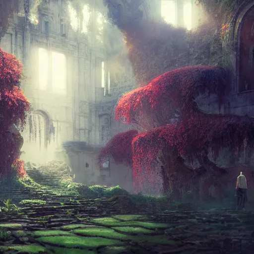 Prompt: ruins, beautiful, atmosphere, vibe, mist, rain, puddles, fern, flowers, concept art illustration, color page, tone mapping, akihiko yoshida, james jean, andrei riabovitchev, marc simonetti, digital illustration, greg rutowski, volumetric lighting, sunbeams, particles