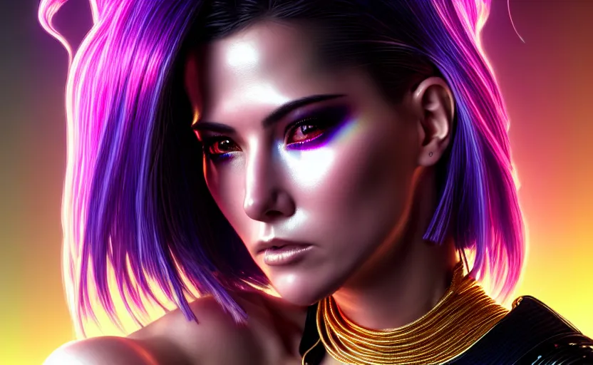 Image similar to hyperdetailed portrait of a stunningly beautiful cyberpunk jennifer anniston with short dark hair guard made of iridescent metals and shiny pink gems, bright rainbow nimbus, gold necklace, gold background inspired by ross tran and masamune shirow and kuvshinov, intricate, photorealistic, octane render, rtx, hdr, unreal engine, dnd digital art by artgerm