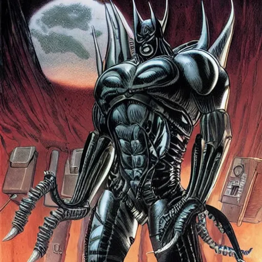 Prompt: An Amazing Comic Book cover of The Intimidating Xenomorph Batman by H.R. Giger and Gerald Brom | Intricate and complex | Dark Gothic Aesthetic