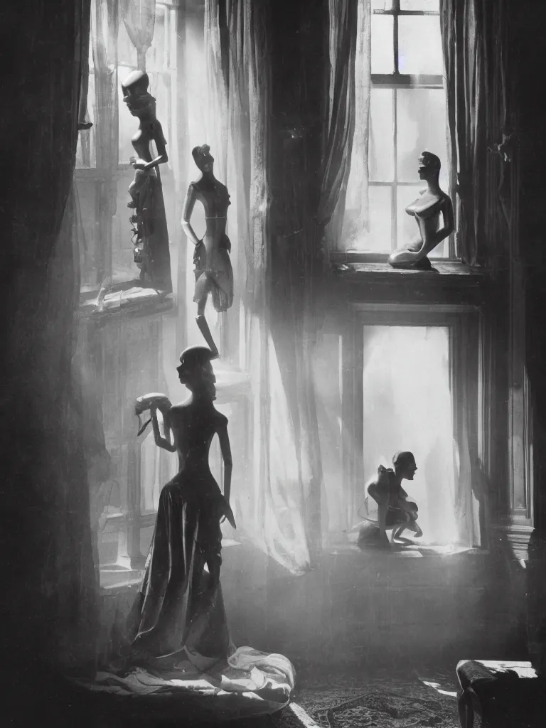 Prompt: old photography of a beautiful automaton girl in a victorian room, small windows, antiquities, ray of light, man ray, alfred ghisoland, gregory crewdson, 4 k,