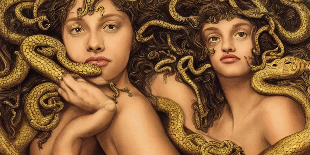 Image similar to realistic portrait of beautiful medusa with her snakes, golden, delicate, facing camera, hyper realism, 1 4 5 0, ink, ultra realistic, 8 k