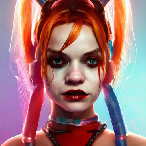 Image similar to lofi cyberounk biopunk portrait of harley quinn, au naturel, hyper detailed, digital art, trending in artstation, cinematic lighting, studio quality, smooth render, unreal engine 5 rendered, octane rendered, art style by klimt and nixeu and ian sprigger and wlop and krenz cushart