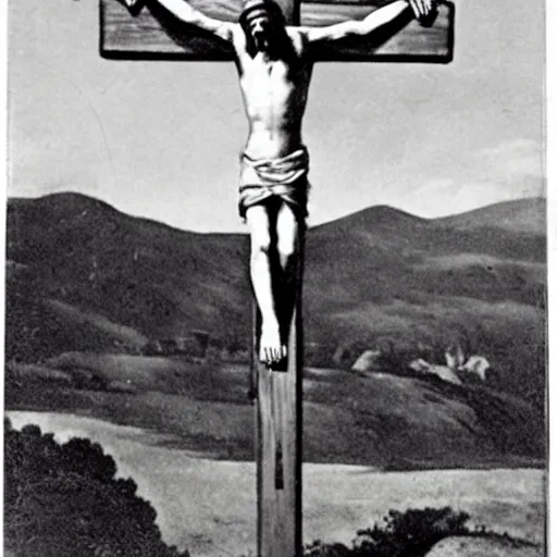 Prompt: a old vintage photo of the crucifixion of jesus