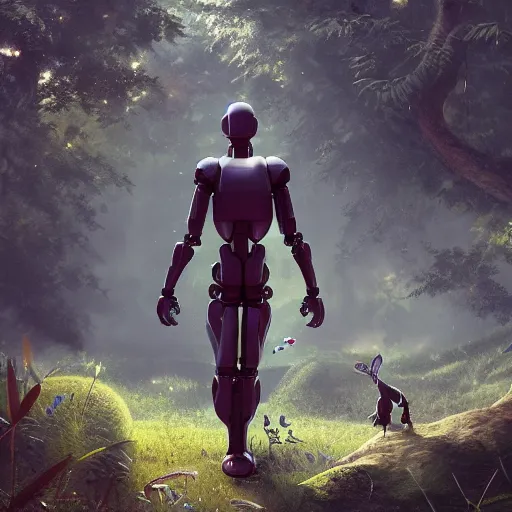 Prompt: incredible And fantastic android Robot boy trying to touch a butterfly in the forest and the animals around him surround him, with a beautiful aura in the atmosphere, hyper realistic with many details, Greg rutkowski, Trending artstation, cinematographic, Octane Renderizado, unreal engine 5, cinema4D