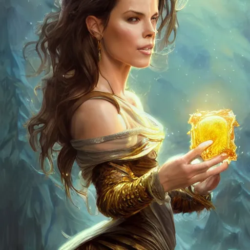 Image similar to Kate Beckinsale covered in honey eating fork, D&D, fantasy, intricate, elegant, highly detailed, digital painting, artstation, concept art, matte, sharp focus, illustration, hearthstone, art by Artgerm and Greg Rutkowski and Alphonse Mucha