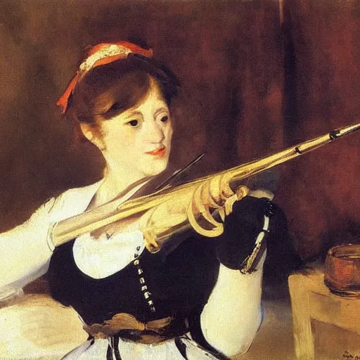 Prompt: an oil painting of a rich flute player by Manet