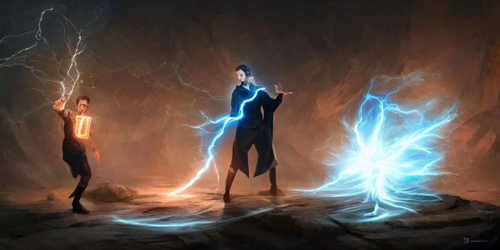 Image similar to a male sorcerer that looks like nikola tesla casting a lighting spell, light rays, bloom, dynamic pose, dramatic lighting, epic composition, concept art, by dan luvisi, jason chan and gilles beloeil