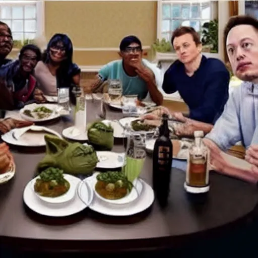 Image similar to peoples around a table, obama, yoda, elon musk, mia khalifa, skyrim