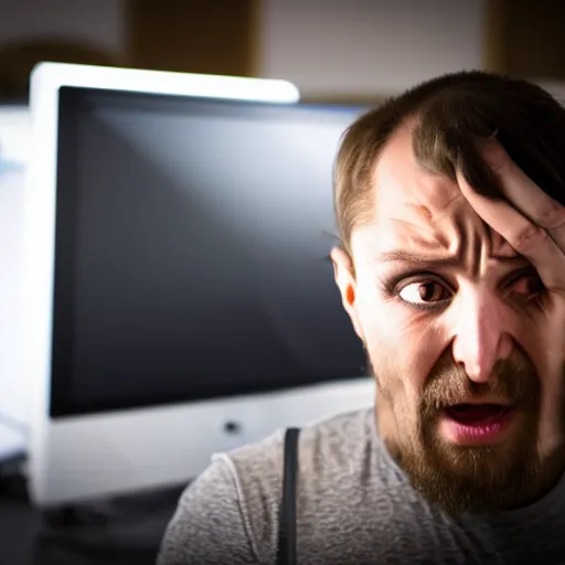 Prompt: A photo of a scared man in front of a computer, realistic, stock photo