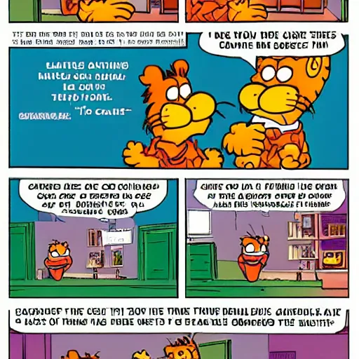 Prompt: a garfield comic, 4 panels, clear text with joke setup and punchline