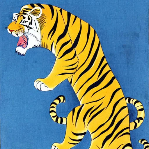 Prompt: A tiger and a lion in the style of Hokusai