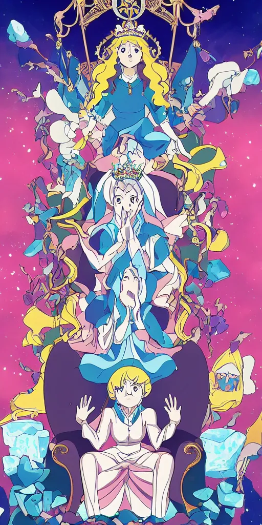 Prompt: a spiritual guru sitting on a throne of ice drawn by studio trigger, in the style of Little Witch Academia, spiritual enlightenment, tradition, conformity, morality, ethics