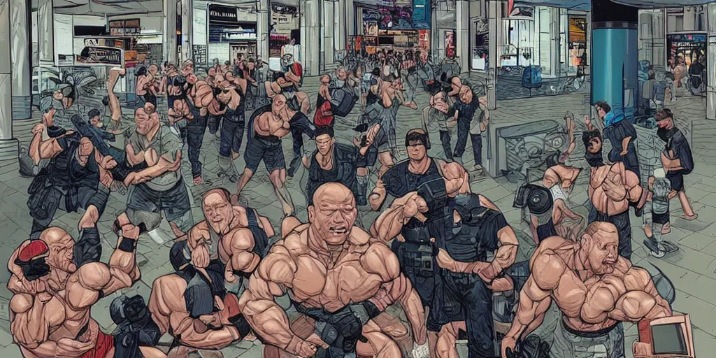 Prompt: Mall cops vs weightlifters. Epic painting by James Gurney and Laurie Greasley.