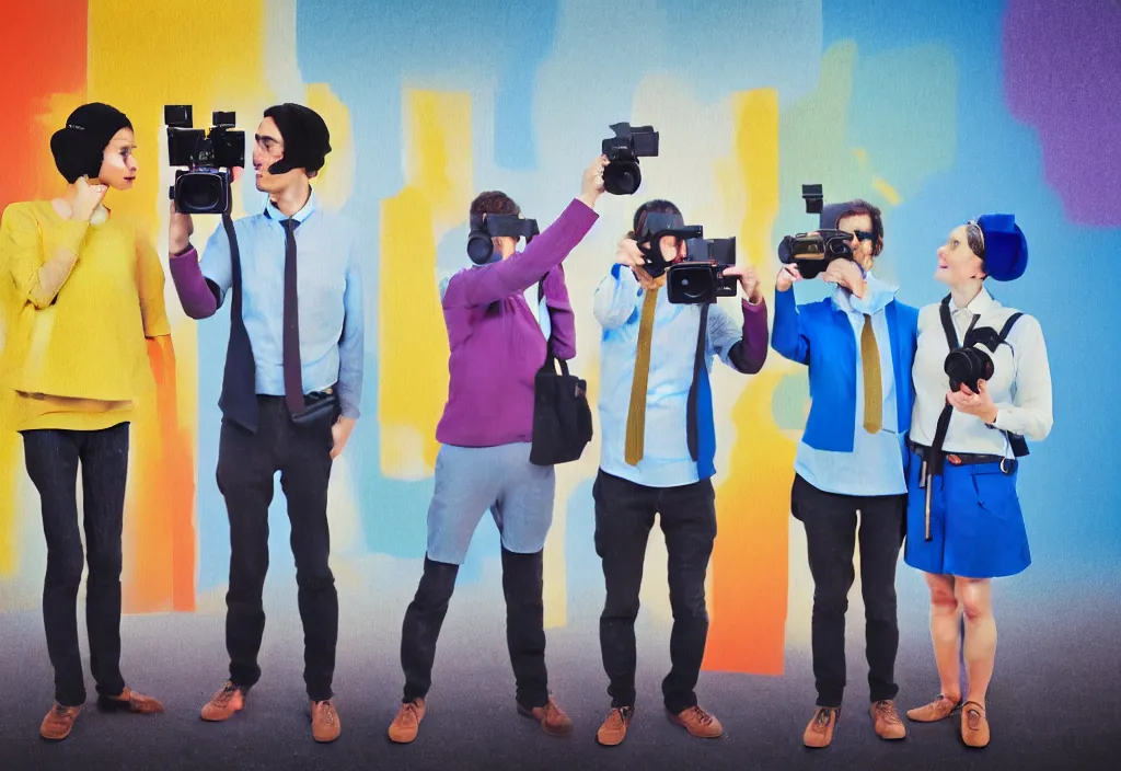 Image similar to full body portrait of a trio of european tourists with nikon cameras, various poses shooting photos, character designs painting, in the style of wes anderson, rene magritte, lola dupre, david hockney, isolated on white background, dark monochrome neon spraypaint accents volumetric octane render