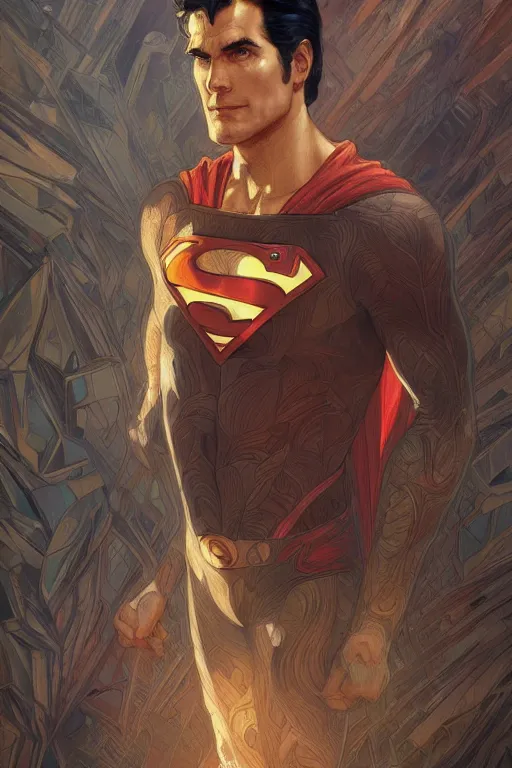 Image similar to portrait of superman, urban center, thinker pose, full body, powerful, fantasy, intricate, elegant, highly detailed, digital painting, artstation, concept art, sharp focus, illustration, art by artgerm and greg rutkowski and alphonse mucha