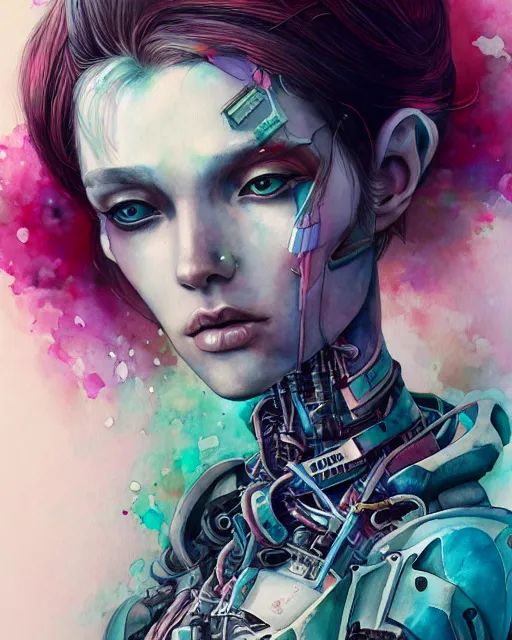 Prompt: watercolor portrait of beautiful cyborg woman in cyborg clothes,, romantisism, outrun, pastel flowers, painting, dramatic, detailed, by android jones