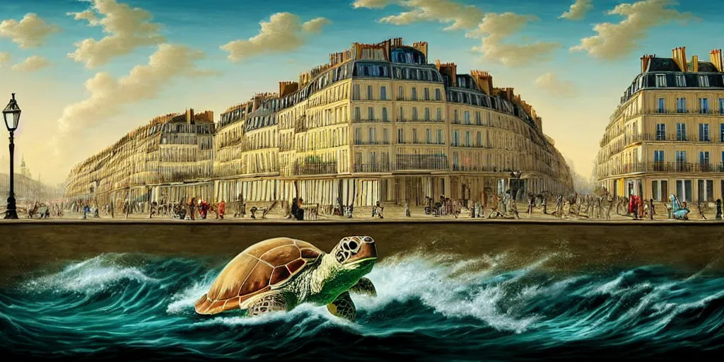 Image similar to master piece stunning digital painting of a parisian small city contained on the top of a giant sea turtle